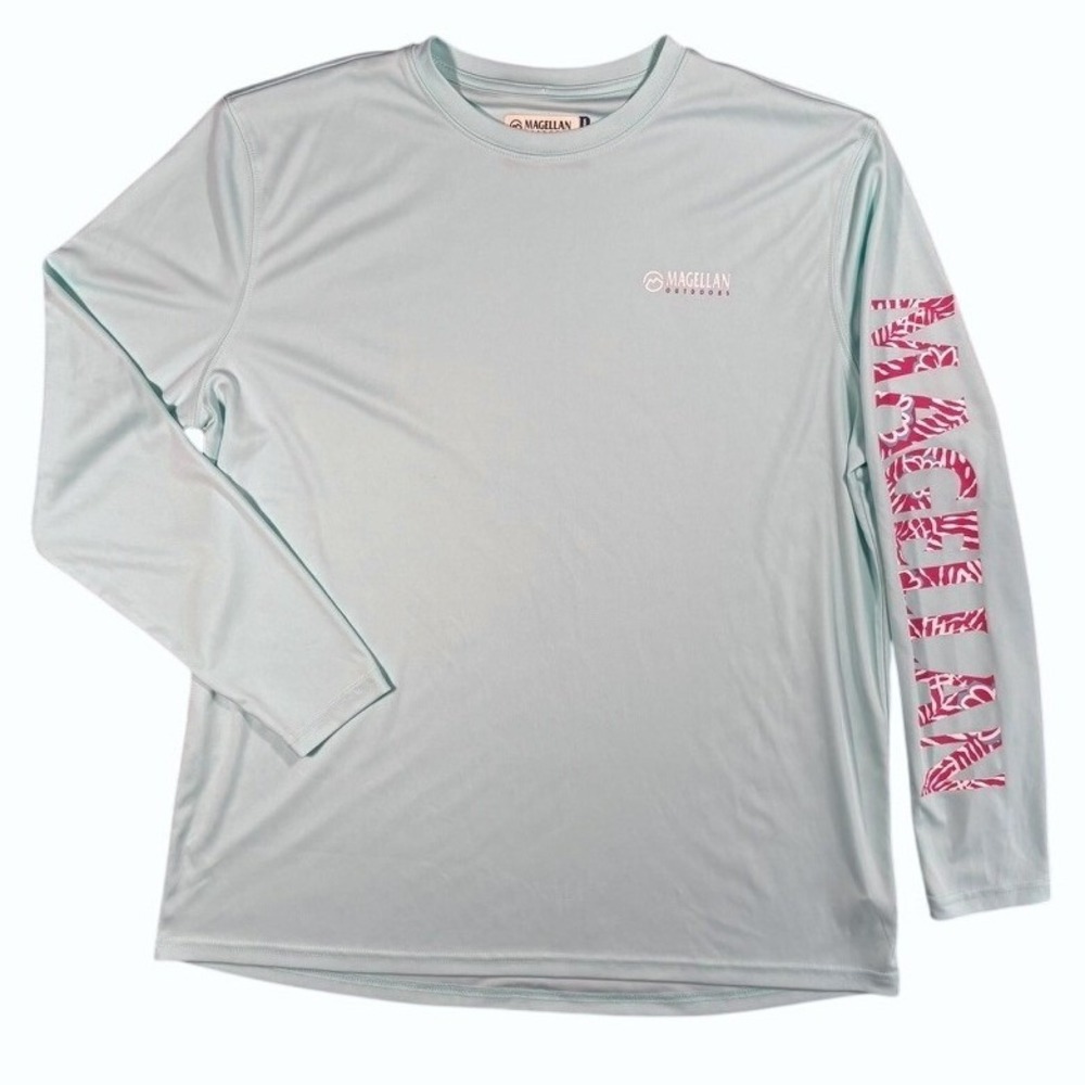 Magellan Caddo Lake Blue Long Sleeve Shirt‎ Pink Logo Boyfriend Fit L Athleisure